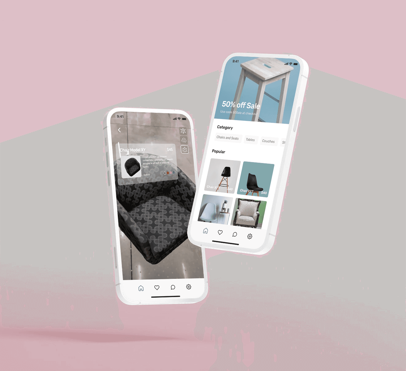 ShopAR app mockups showing a chair viewed in AR and the furniture marketplace.