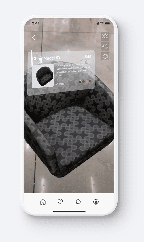Photogrammetry furniture model placed in a real room through the AR view.