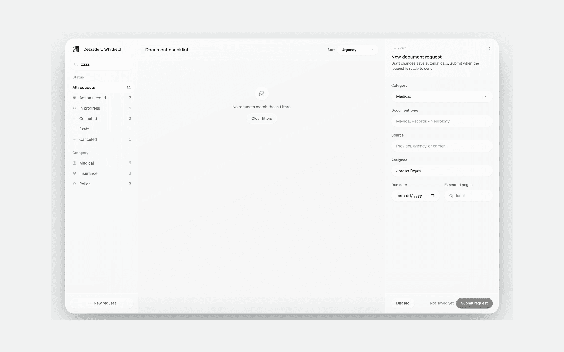 New document request form in the right pane with category, document type, source, assignee, and due date.