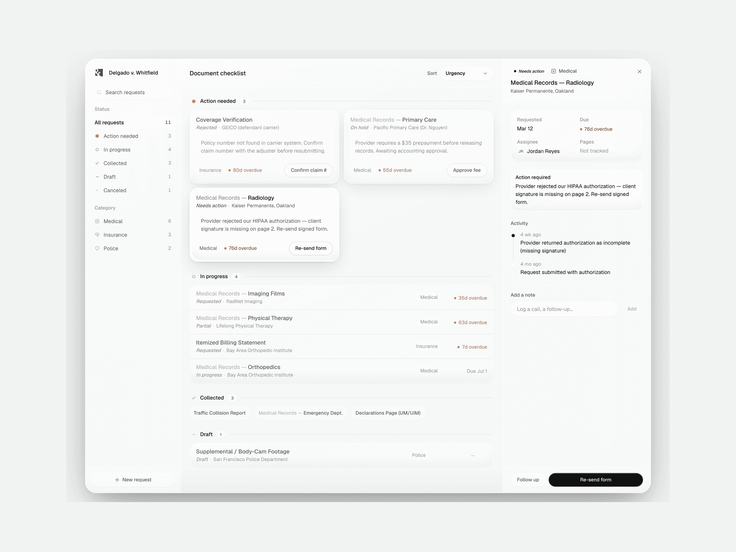 Docket triage board with a blocked medical-records request open in the detail pane.