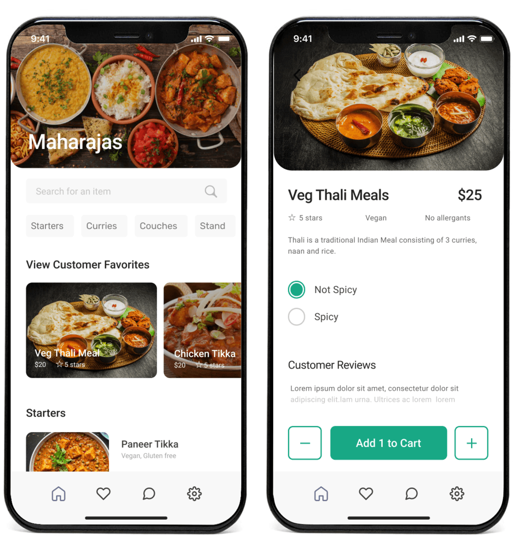 High-fidelity screens: granular menu and live order tracking.