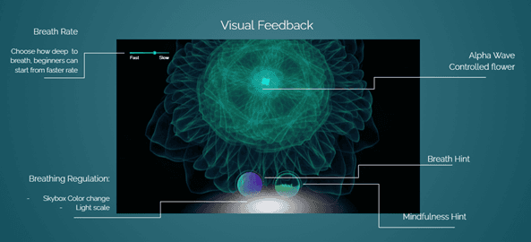 Breathing regulation interface: haptic ball pickup with live EEG feedback.