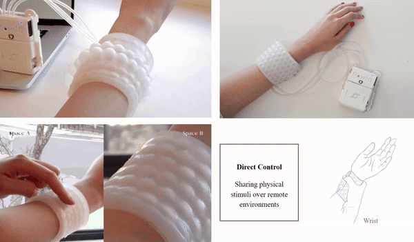 Pneumatic patch inflating into a graspable shape as a hand meets a virtual object.