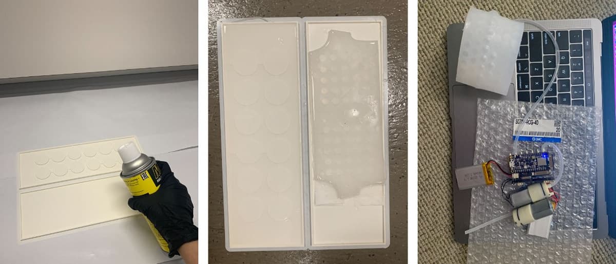3D-printed molds for casting the silicone air chambers.