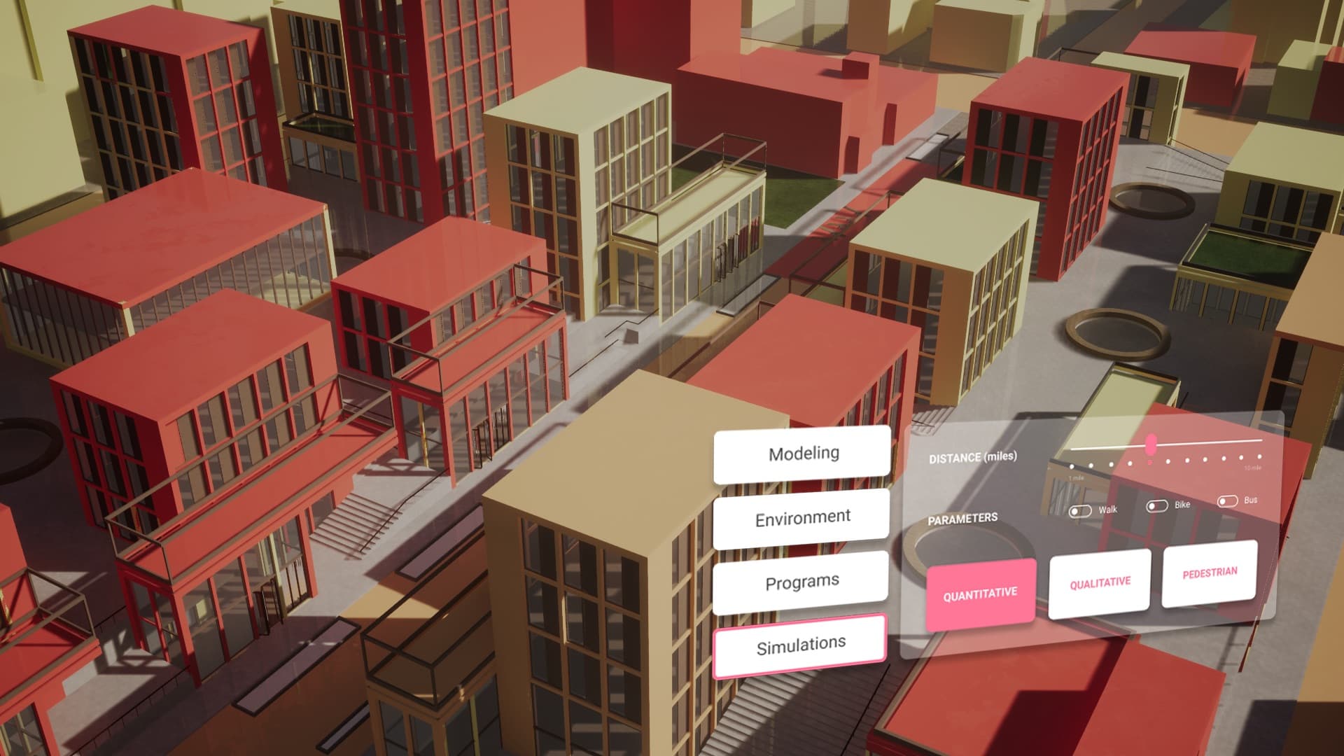 City-scale massing model in VR with modeling and simulation panels.