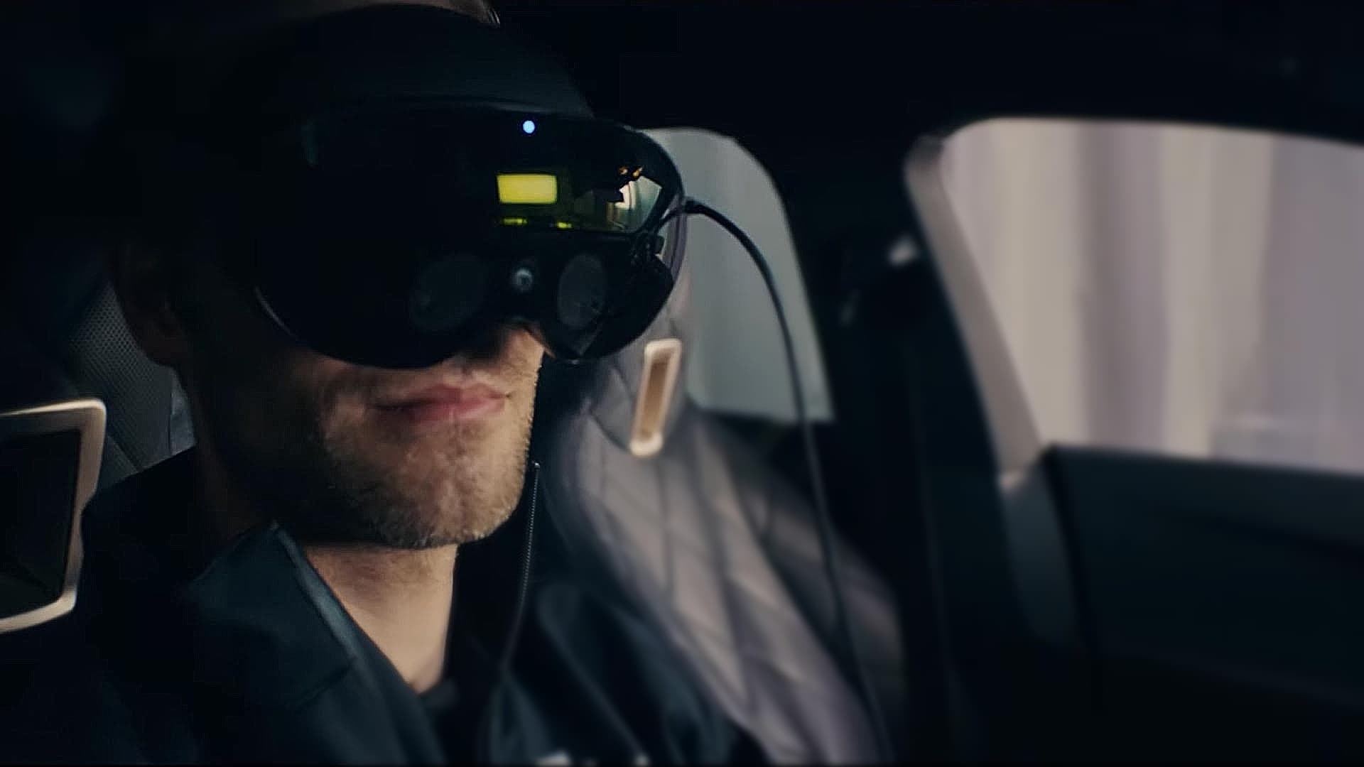 Mixed-reality content rendered stably inside a moving BMW vehicle.