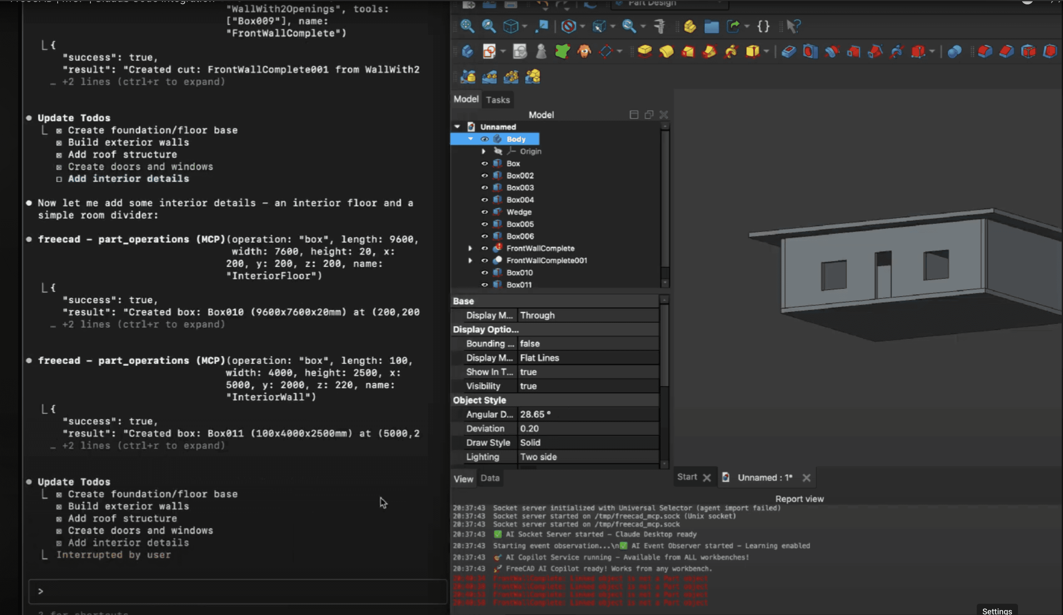 FreeCAD modeling a part driven by a conversational AI session.