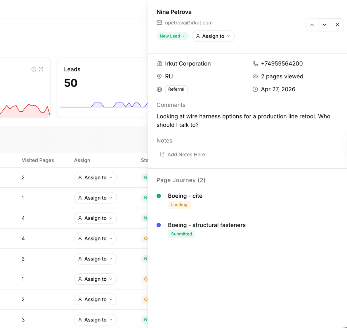Mersel AI lead detail showing a buyer's page journey from an AI-cited page to form submission.