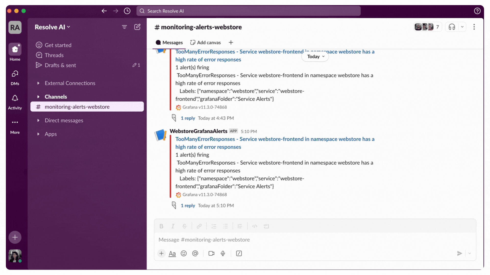 Animated ResolveAI Slack alert demo.
