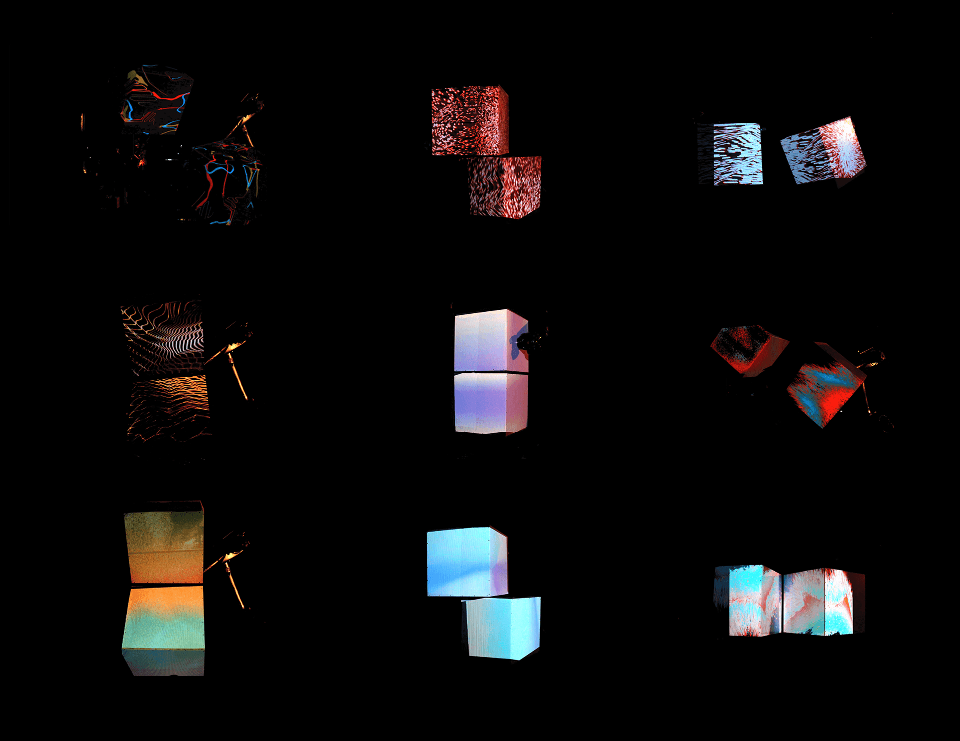 Grid of Robot Cube projection studies and live cube texture variations.