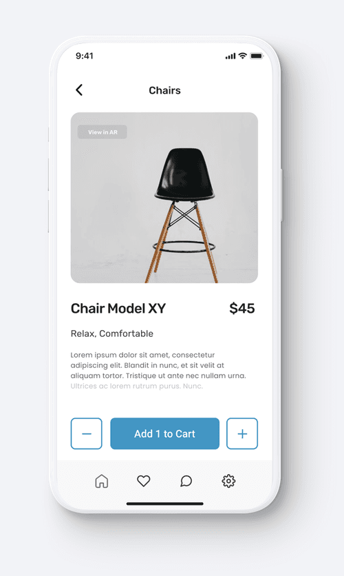Product detail screen with the item's story and a View in AR button.